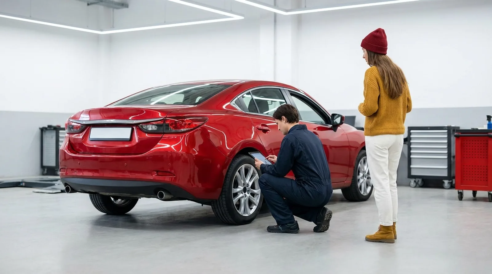 A driver watching a service technician inspect her red car in the dealership return lane