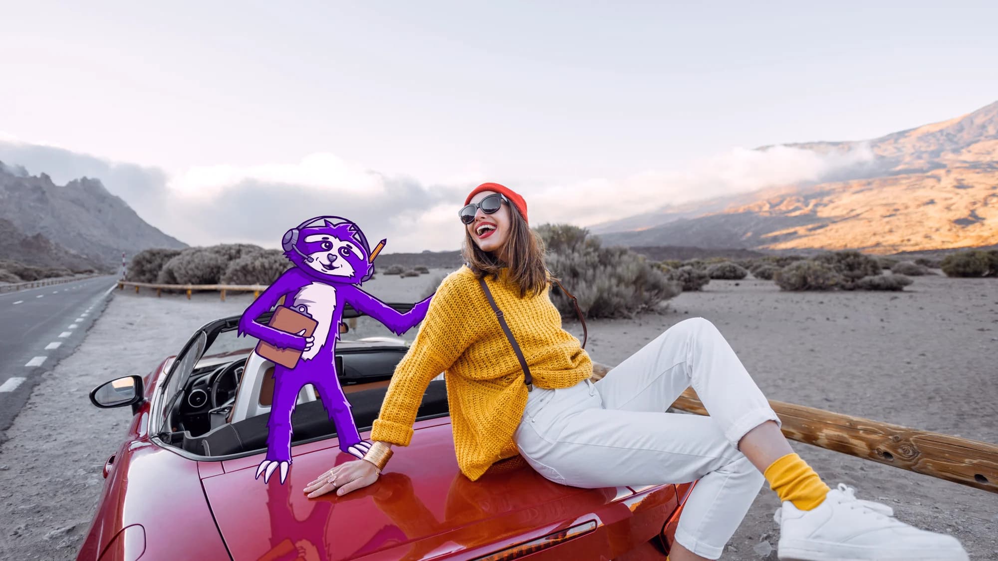 Woman laughing on the trunk of her red convertible beside a desert road, with Sam the Solution Sloth standing on the car holding a clipboard
