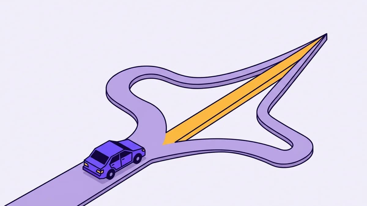Illustration of a car at a fork where a direct gold route cuts through winding roads