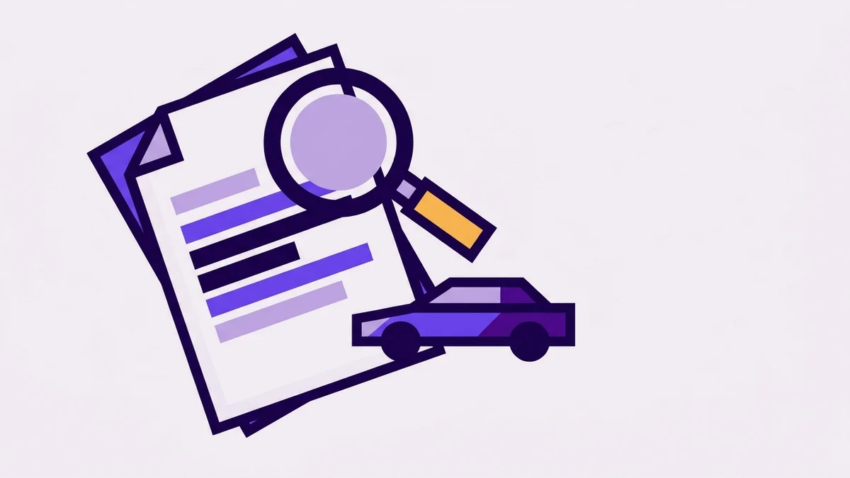 Illustration of lease paperwork under a magnifying glass beside a car