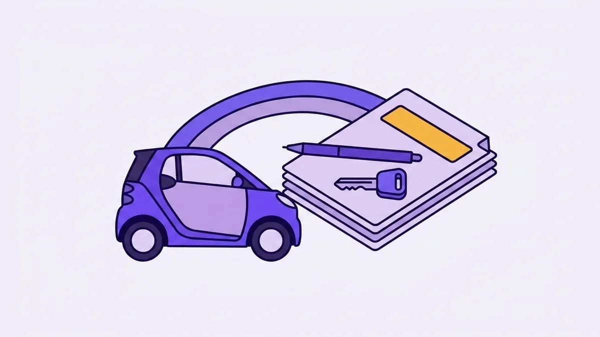 Illustration of a compact car next to a stack of forms with a pen and a car key