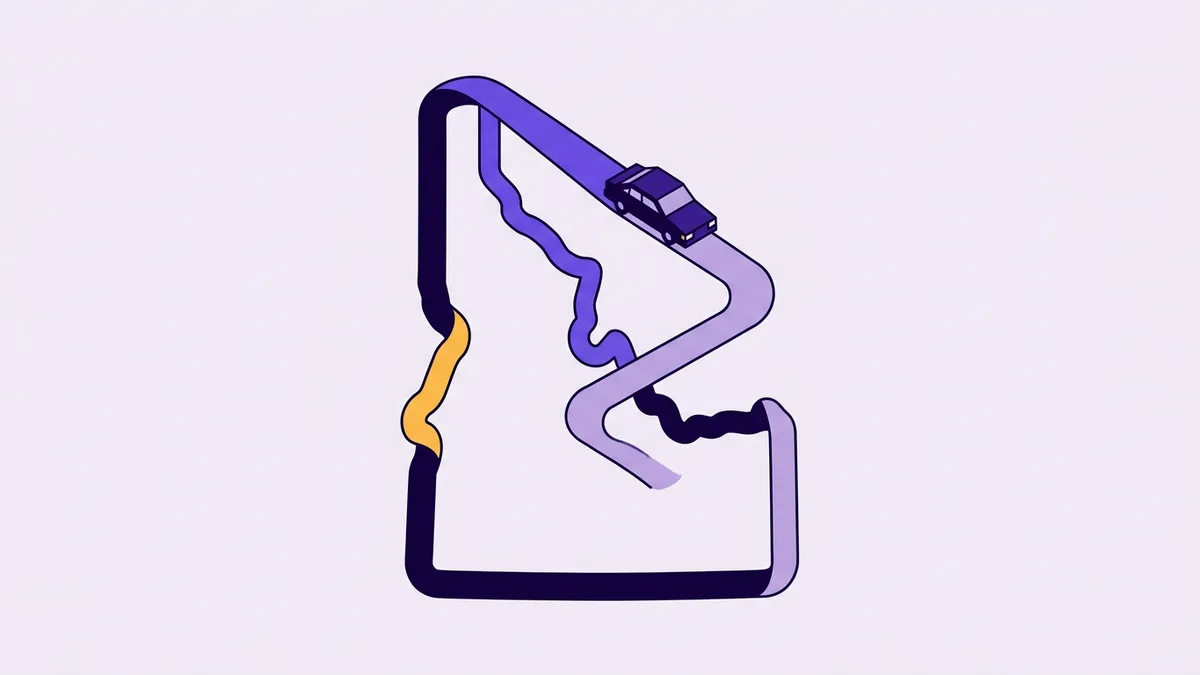 Illustration of a car driving a winding road shaped like the state of Idaho