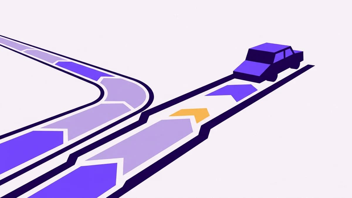 Illustration of two roads diverging, one leading to a car