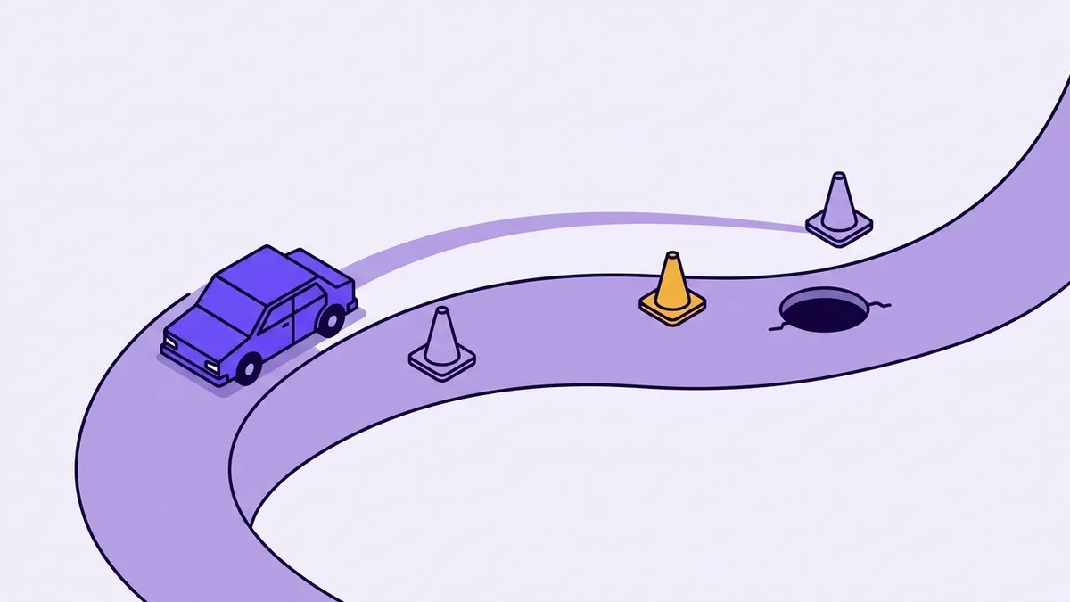 Illustration of a car steering safely around traffic cones and a pothole on a winding road