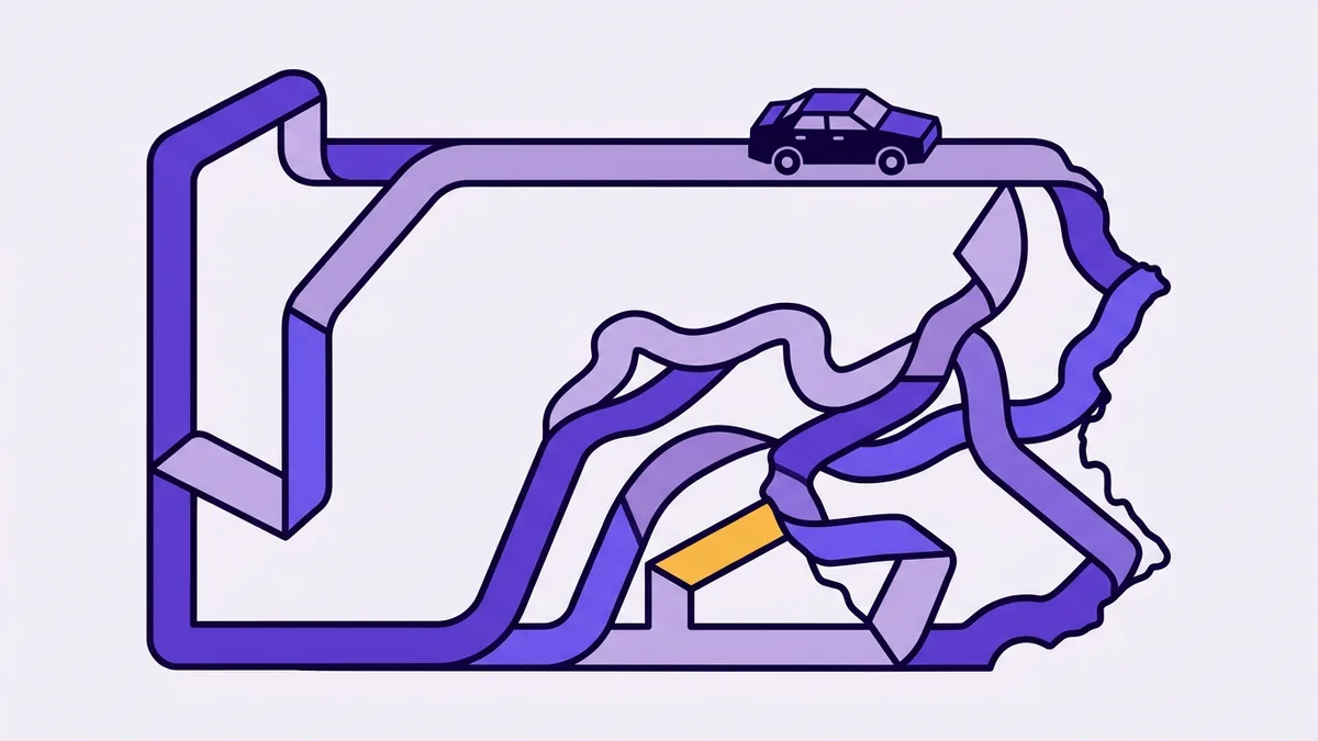 Illustration of a car driving a winding road shaped like the state of Pennsylvania