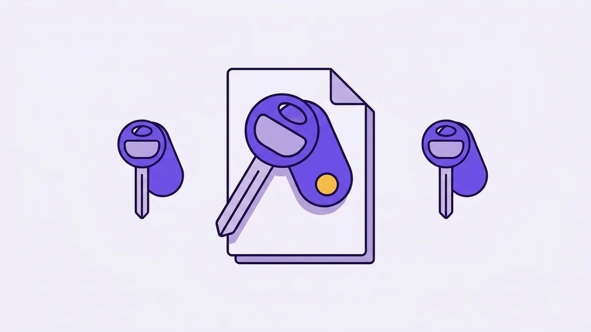Illustration of three car keys, the largest resting on a blank vehicle title document, suggesting the question of who ends up holding the title