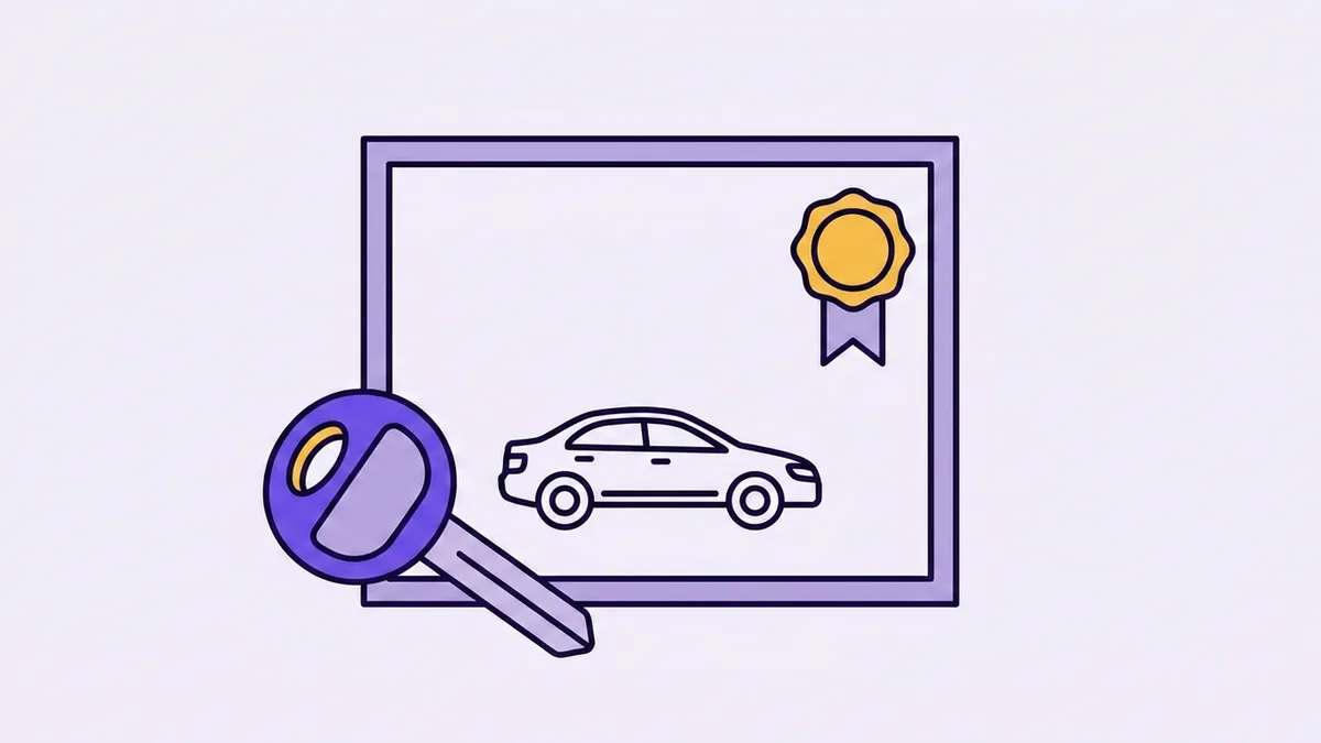 Illustration of a certificate bearing a car and a golden seal, with an oversized car key resting in front