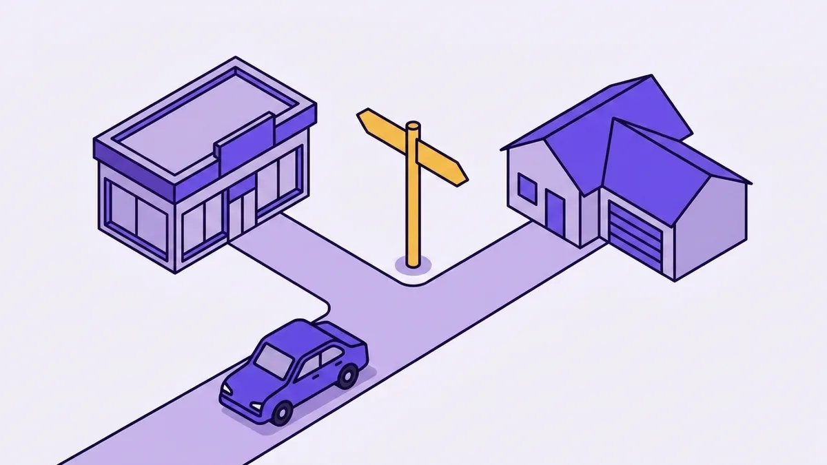 Illustration of a car at a fork in the road, one path leading to a dealership and the other to a home garage