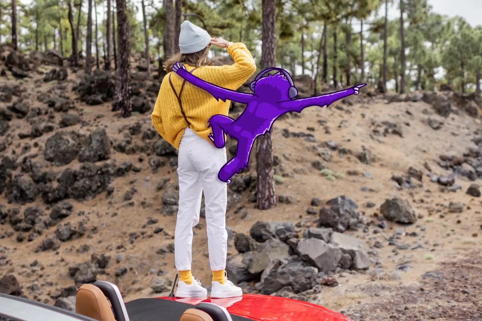 Sam the Solution Sloth hanging from a woman's backpack, both looking ahead as Sam points into the distance