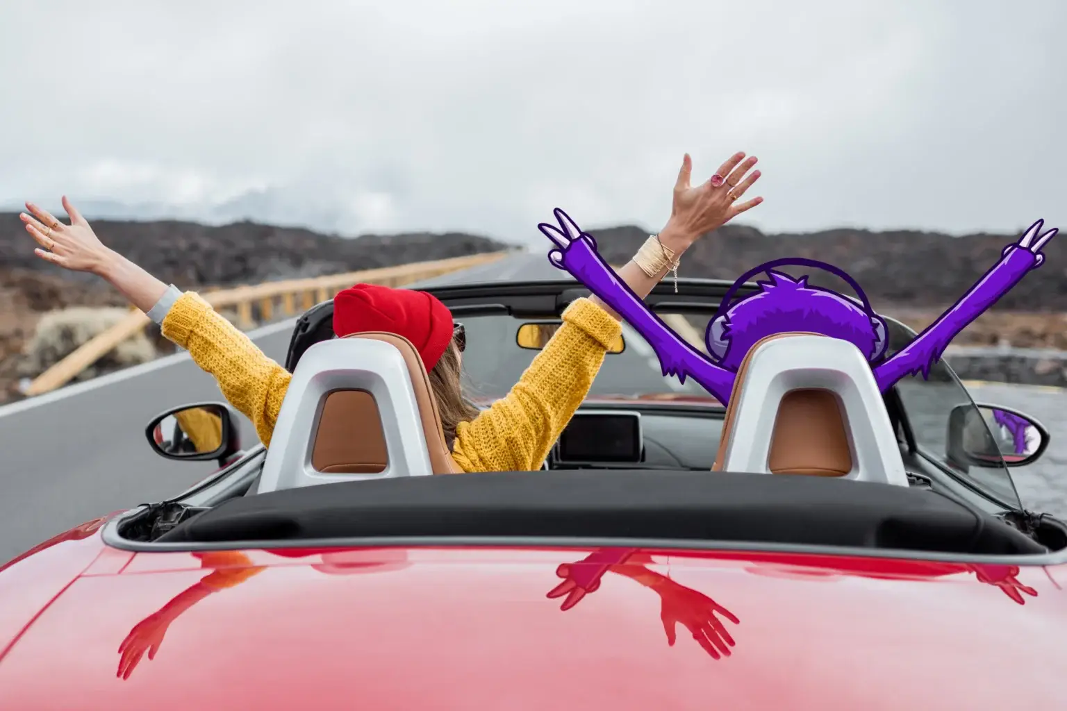 Sam the Solution Sloth and a woman celebrating as they drive away in a car with their hands raised