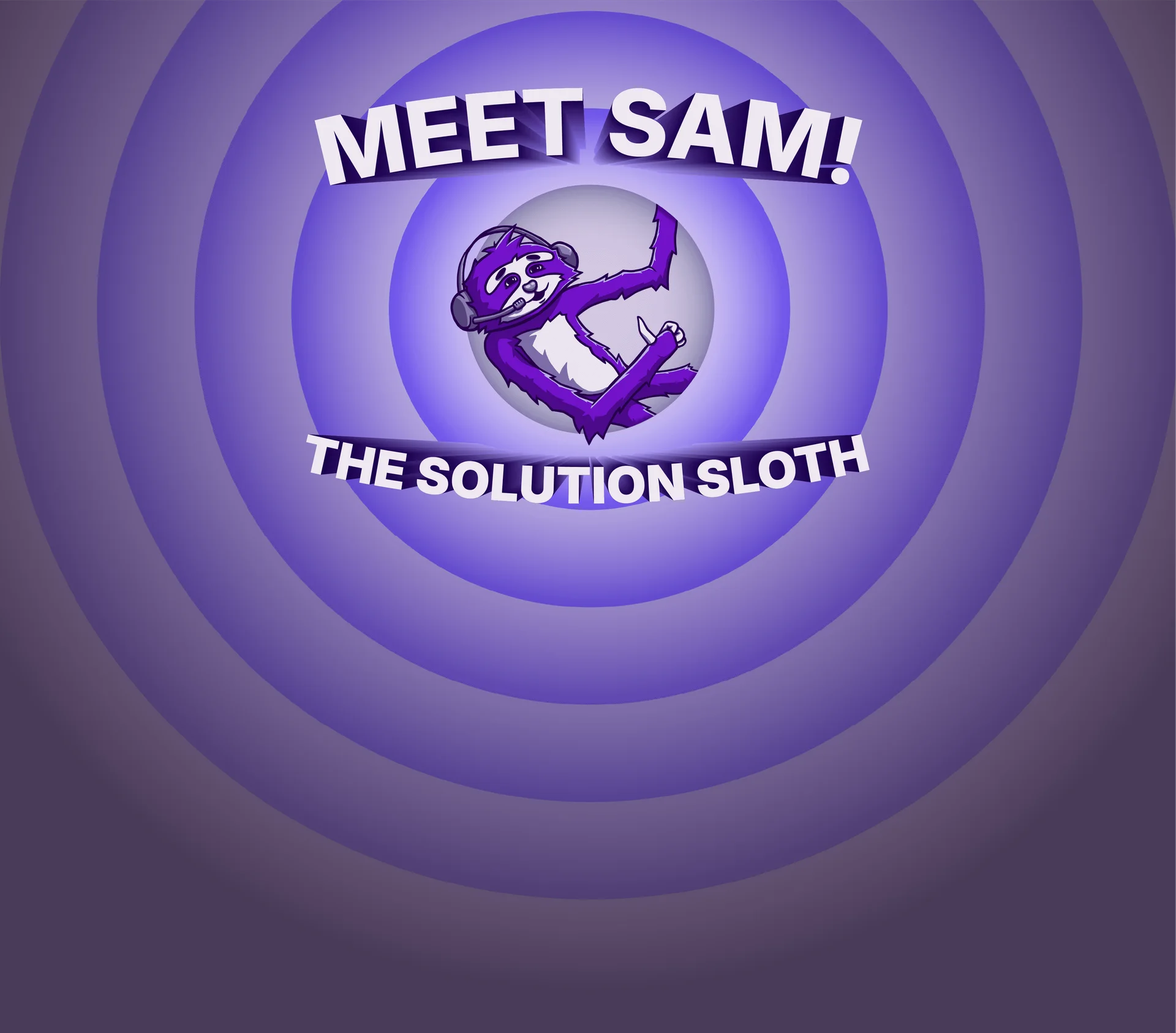 Meet Sam! The Solution Sloth: cartoon title card with Sam in a purple bullseye