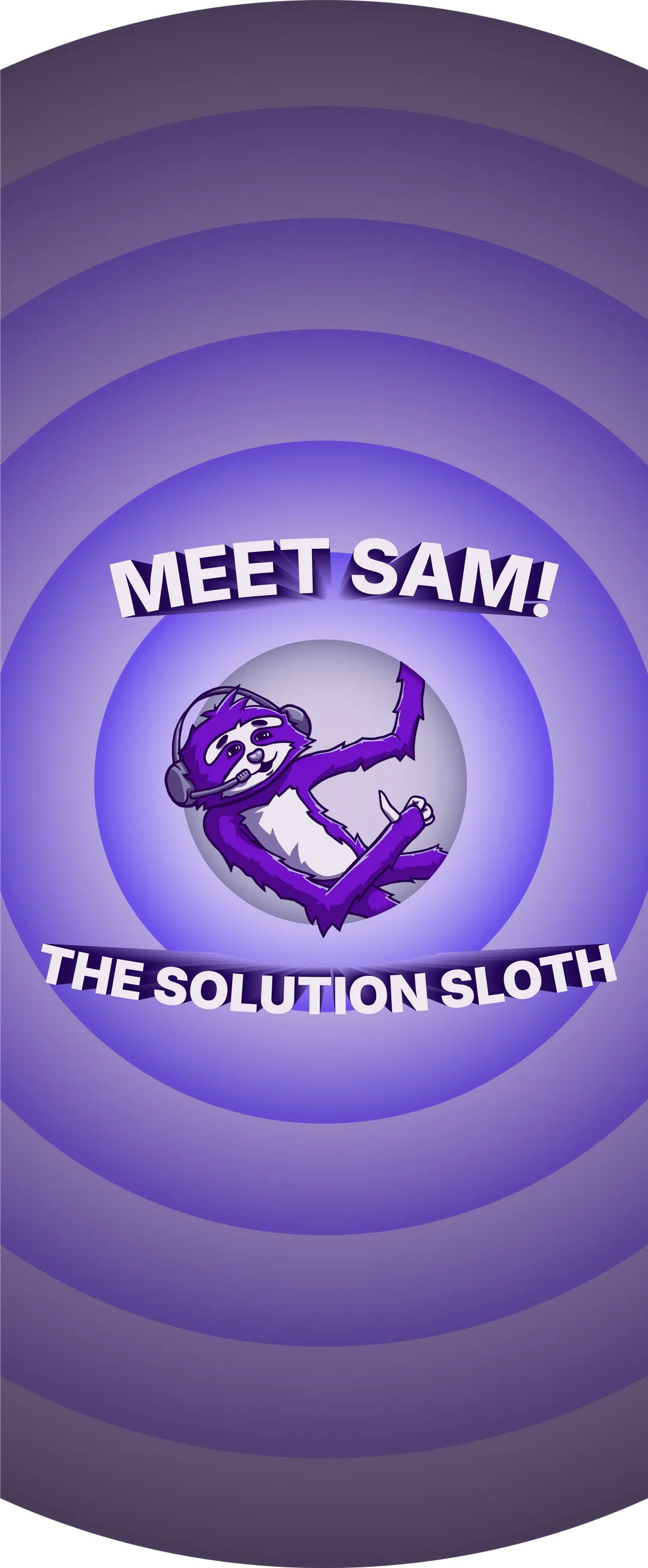 Meet Sam! The Solution Sloth: cartoon title card with Sam in a purple bullseye