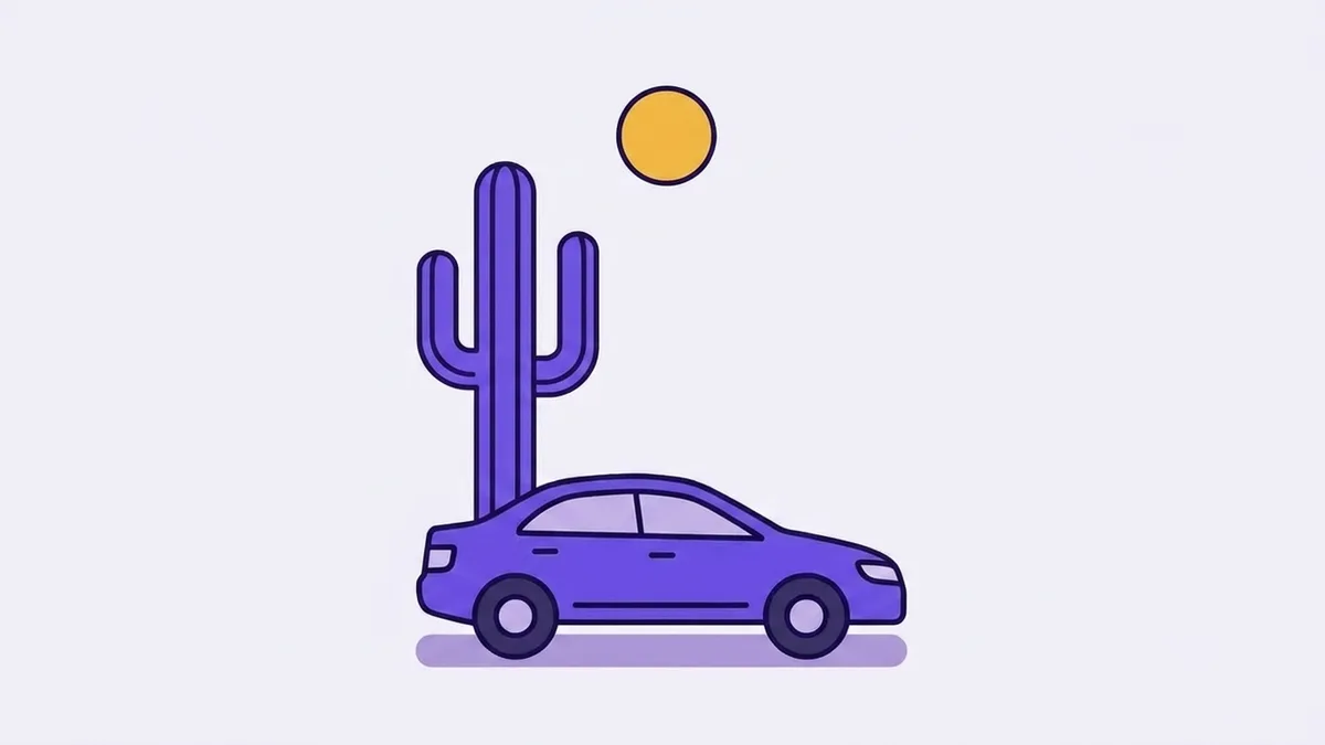 Illustration of a saguaro cactus beside a car key on a warm desert-toned background