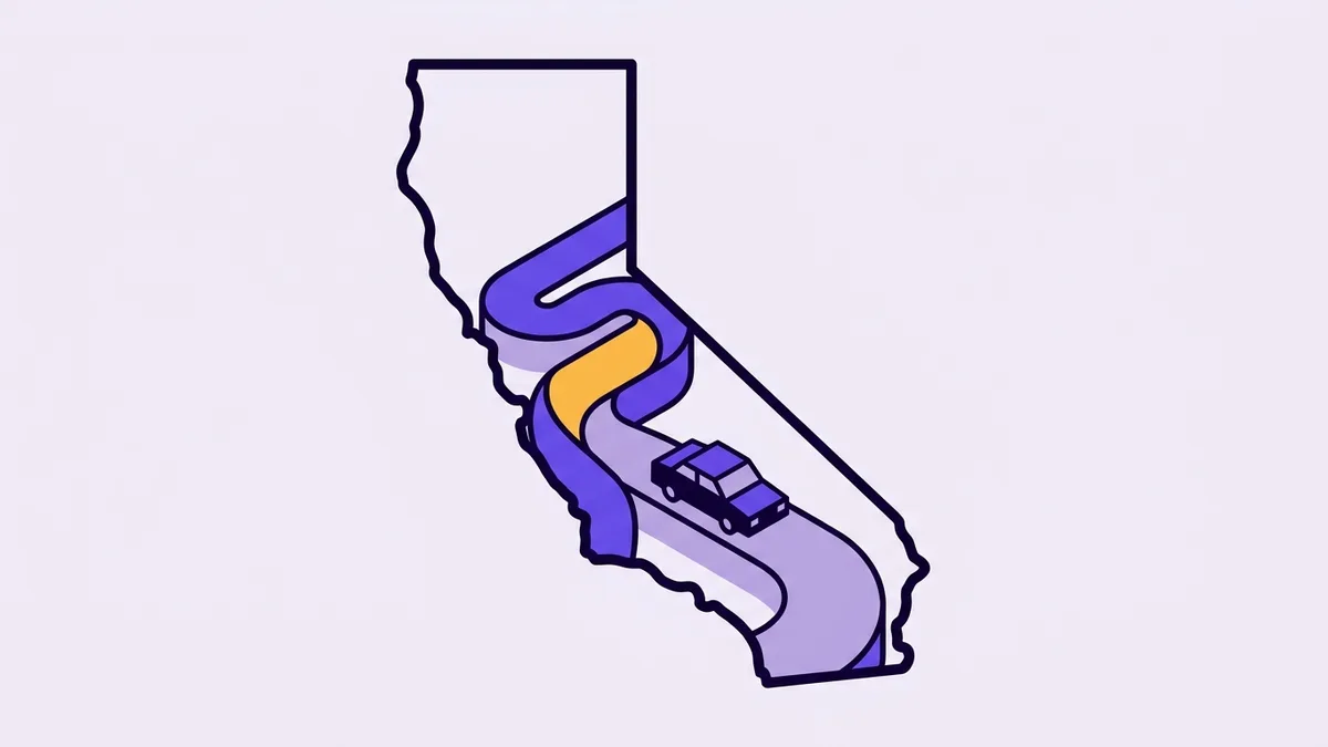 Illustration of a car driving a winding road shaped like the state of California