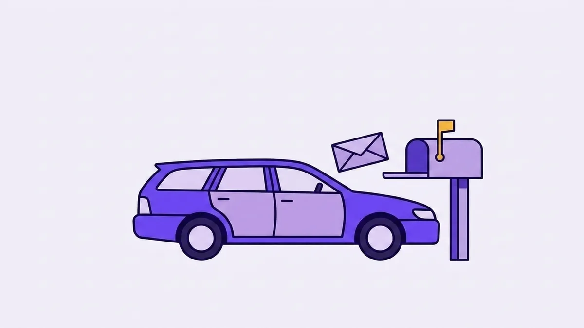 Illustration of a station wagon beside a mailbox with an envelope in flight