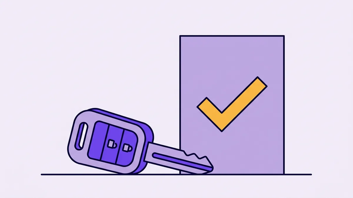 Illustration of a car key beside an approved document with a gold checkmark