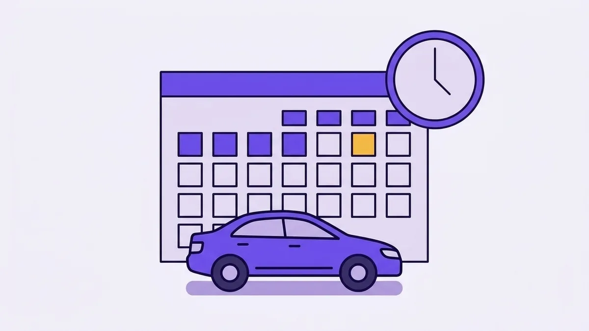 Illustration of a car beside a calendar with most of its pages still unturned and a clock, suggesting a purchase made before the lease term ends