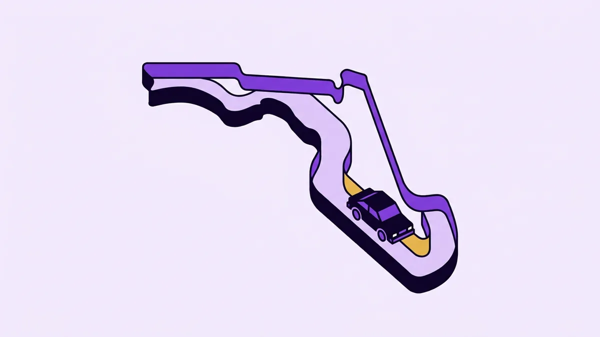 Illustration of a car driving a winding road shaped like the state of Florida