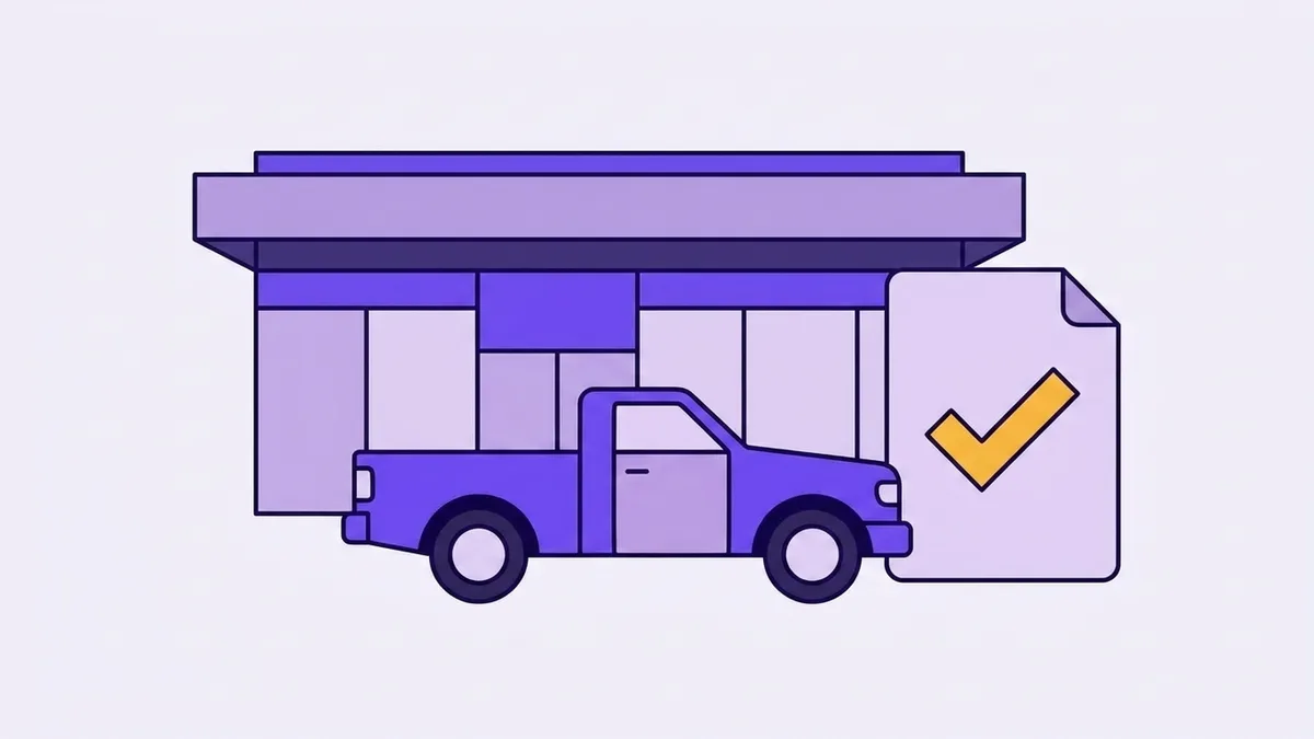 Illustration of a pickup truck in front of a dealership building beside a document with a checkmark