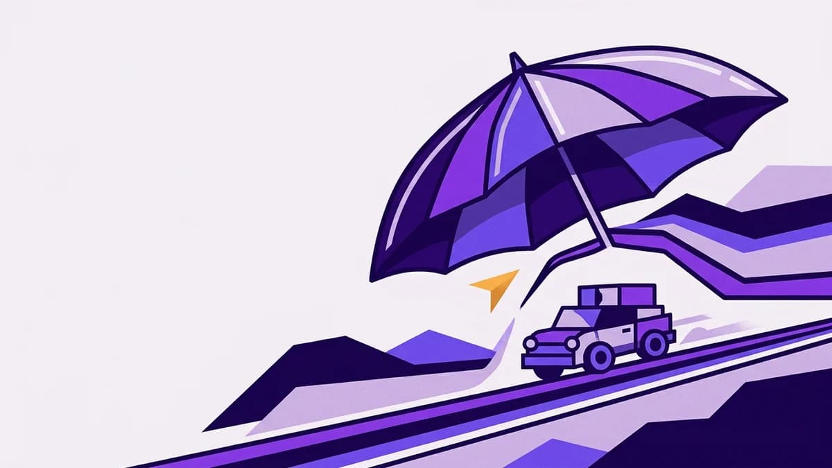 Illustration of an umbrella arcing protectively over a car on a road