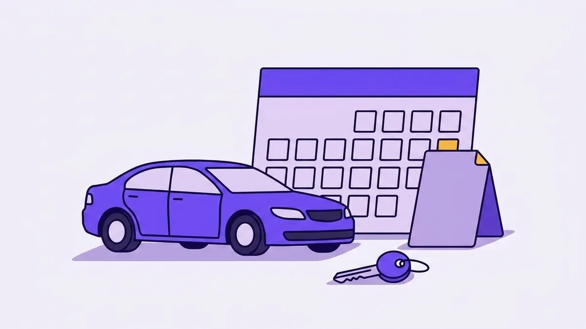 Illustration of a sedan parked beside a large blank calendar with a folded document and a car key