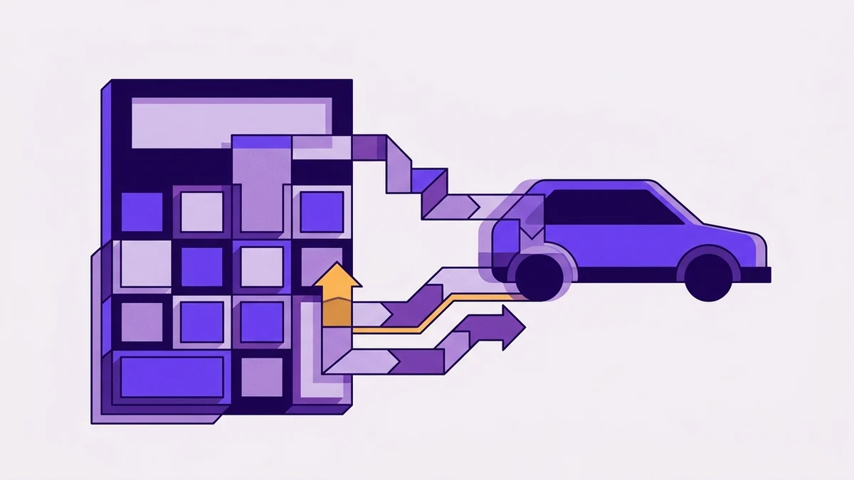 Illustration of an abstract calculator connected to a car by arrows