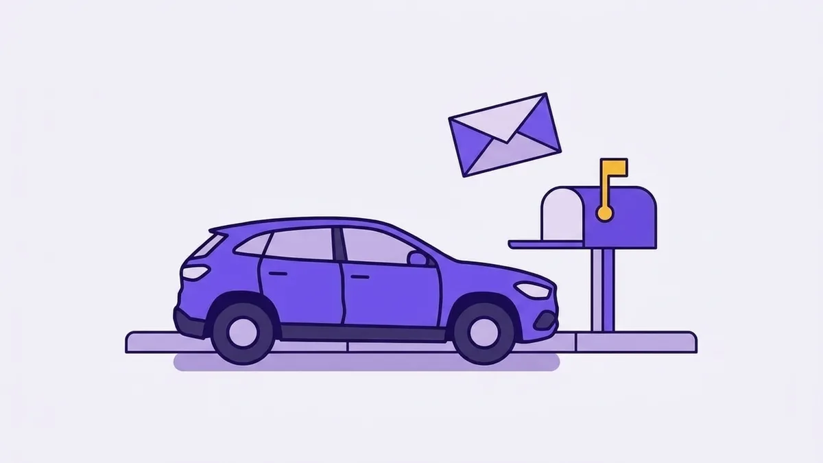 Illustration of a car key fob resting on a folded contract beside a small mailbox, for a Hyundai, Kia or Genesis lease buyout