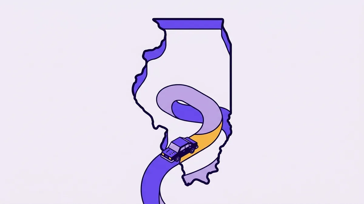 Illustration of a car driving a winding road shaped like the state of Illinois