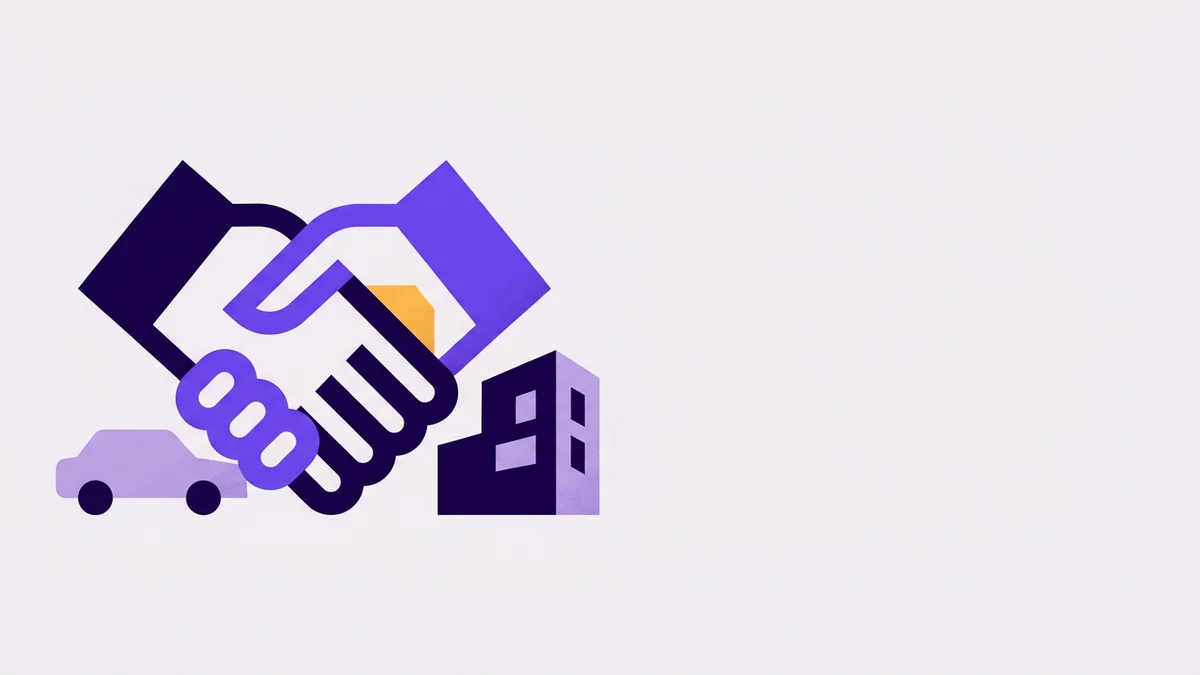Illustration of a handshake in front of an office building and a car