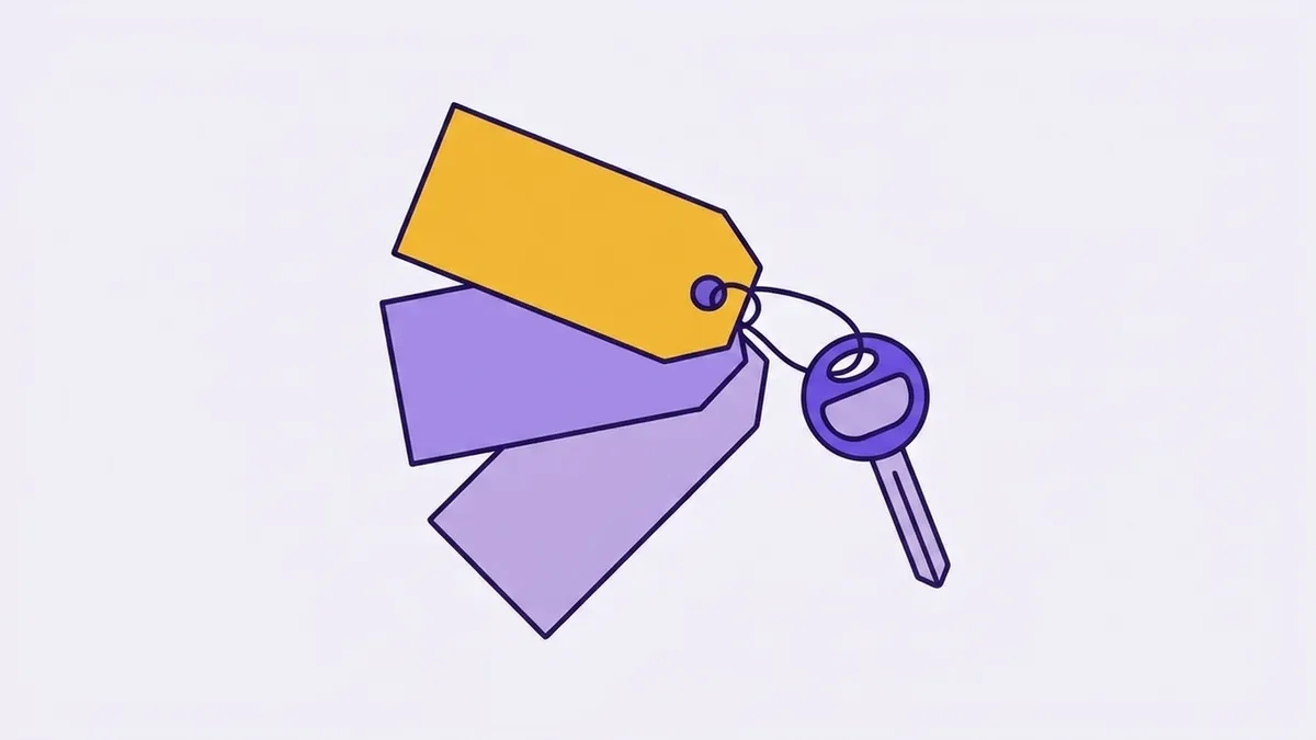 Illustration of three blank paper tags tied with string lying beside a car key, suggesting the separate charges that come with buying a leased car