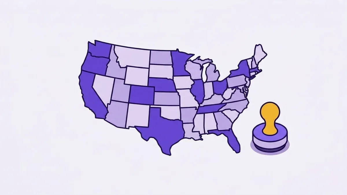 Illustration of a flat map of the United States built from colored blocks, a few shaded darker, with a small rubber stamp beside it