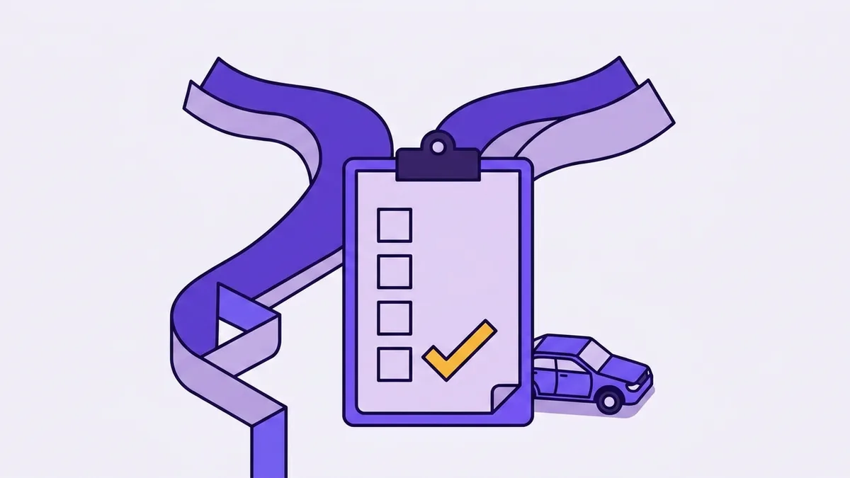 Illustration of a clipboard checklist at a fork in the road with a small car