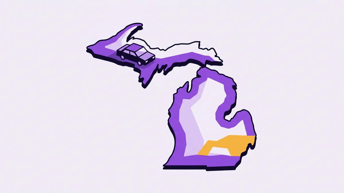 Illustration of a car driving a winding road shaped like the state of Michigan