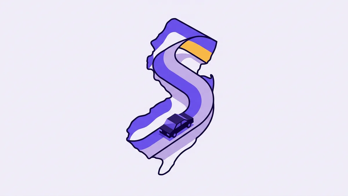 Illustration of a car driving a winding road shaped like the state of New Jersey