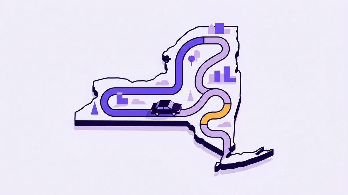 Illustration of a car driving a winding road shaped like the state of New York
