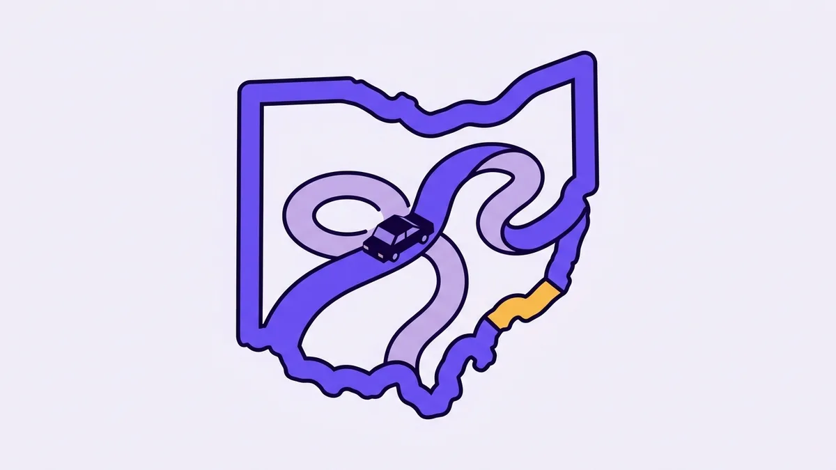Illustration of a car driving a winding road shaped like the state of Ohio