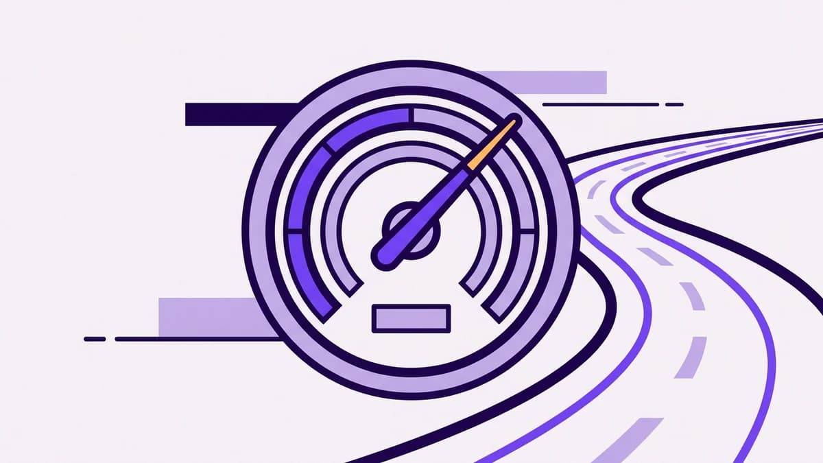Illustration of an odometer with the needle swept high beside a curving road