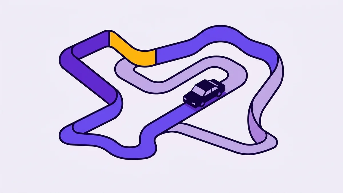 Illustration of a car driving a winding road shaped like the state of Texas