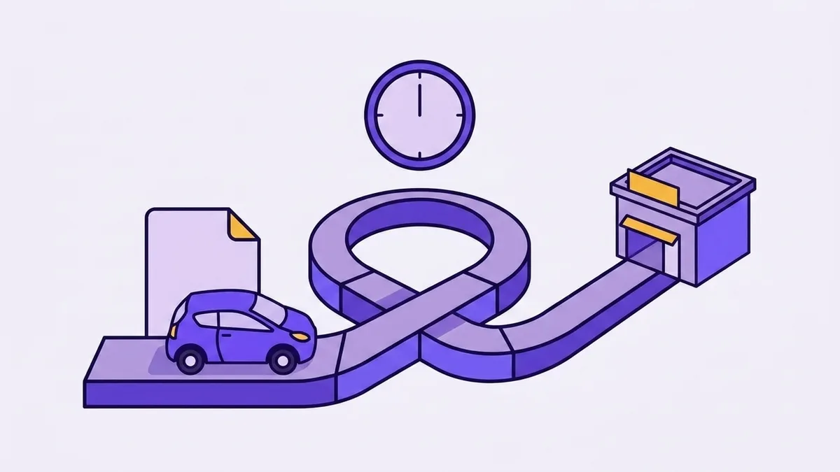 Illustration of a hatchback on a looping road beneath a clock, heading toward a small building