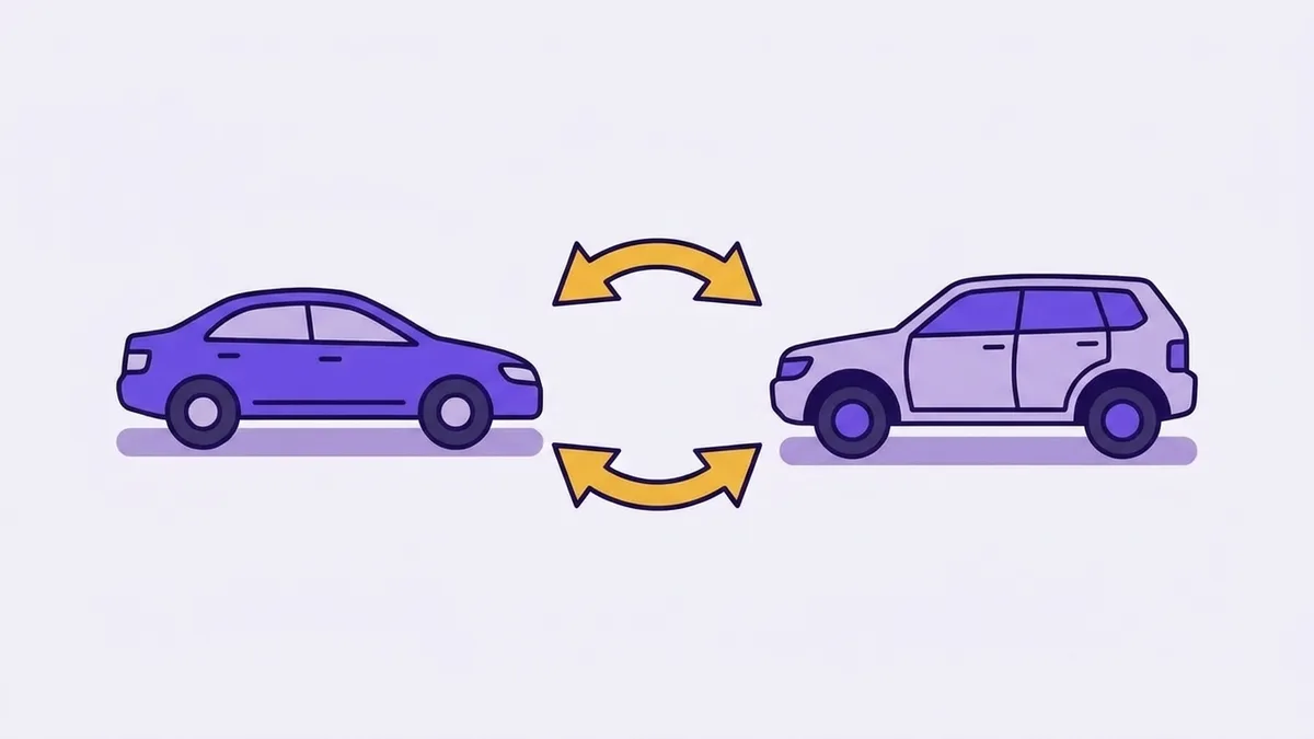 Illustration of two plain car keys linked by a curved double arrow, suggesting one car being traded for another