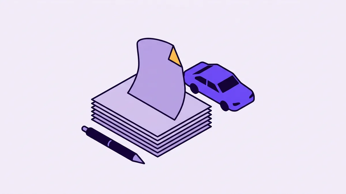 Illustration of a neat stack of documents beside a car, one sheet lifted for review
