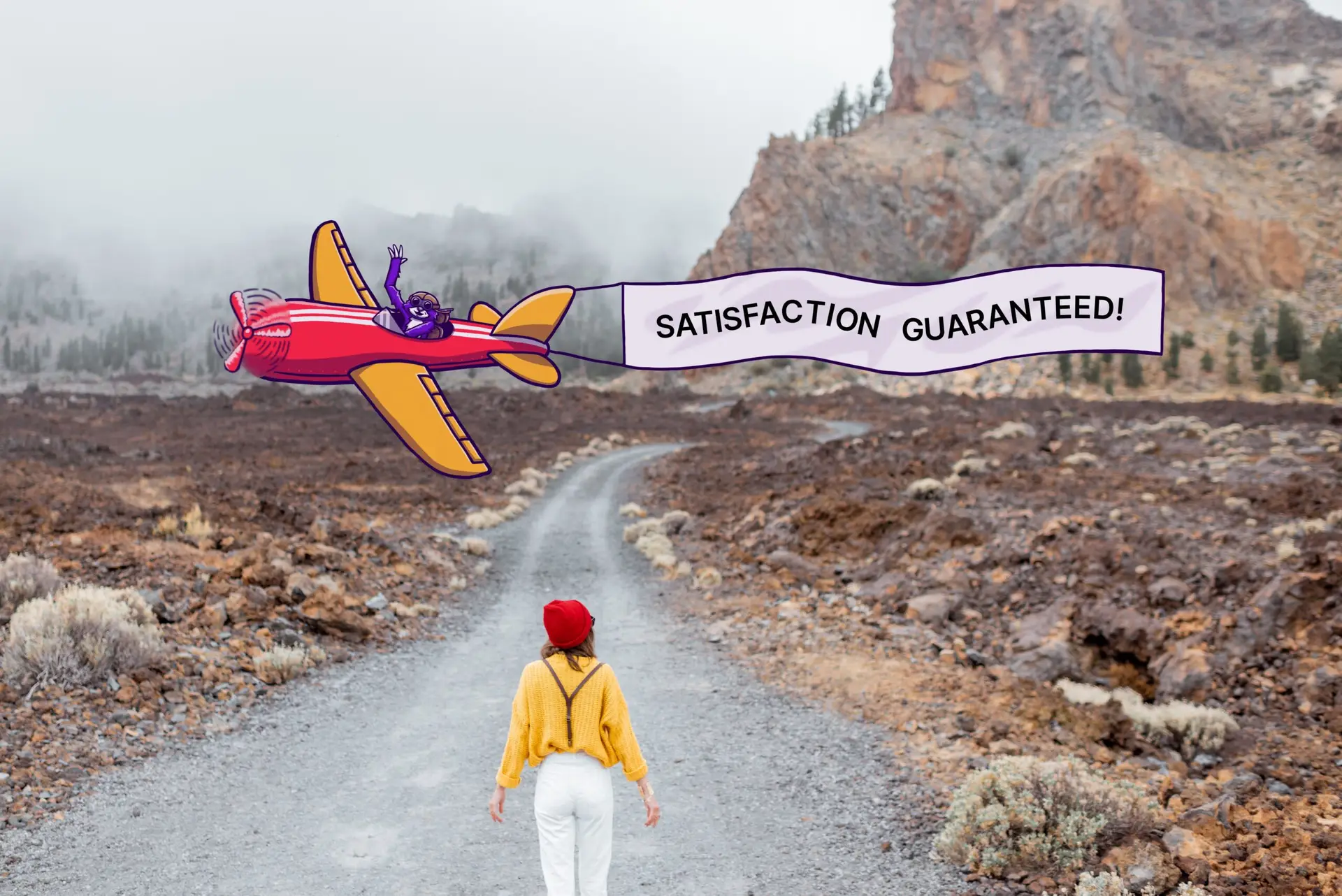 A woman looking into the distance while Sam the Solutions Sloth flies by in a plane, pulling a banner that says 'Satisfaction Guaranteed.