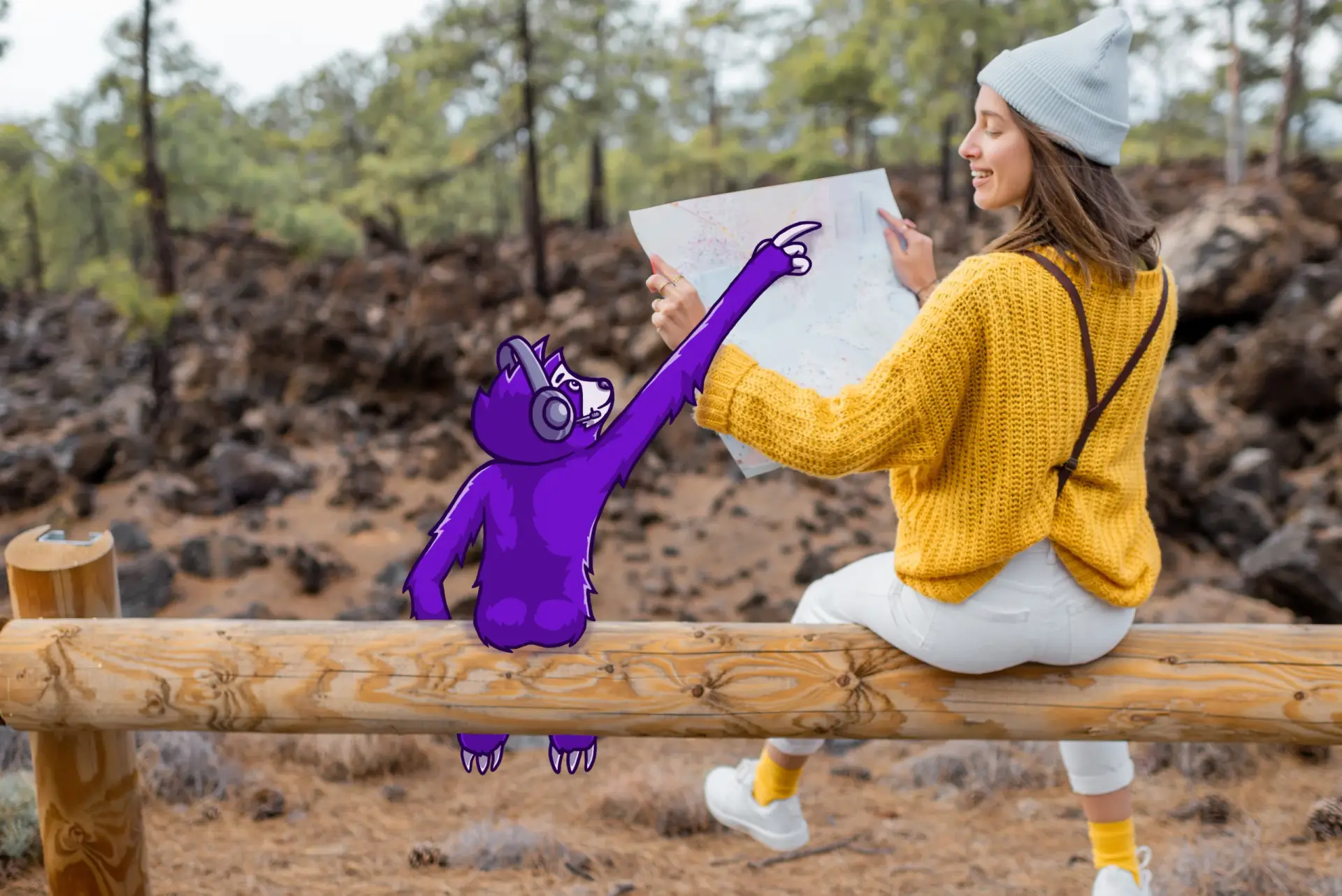 Sam the Solutions Sloth and a woman sitting on a fence, with the woman looking at a piece of paper and Sam pointing at something on the page.