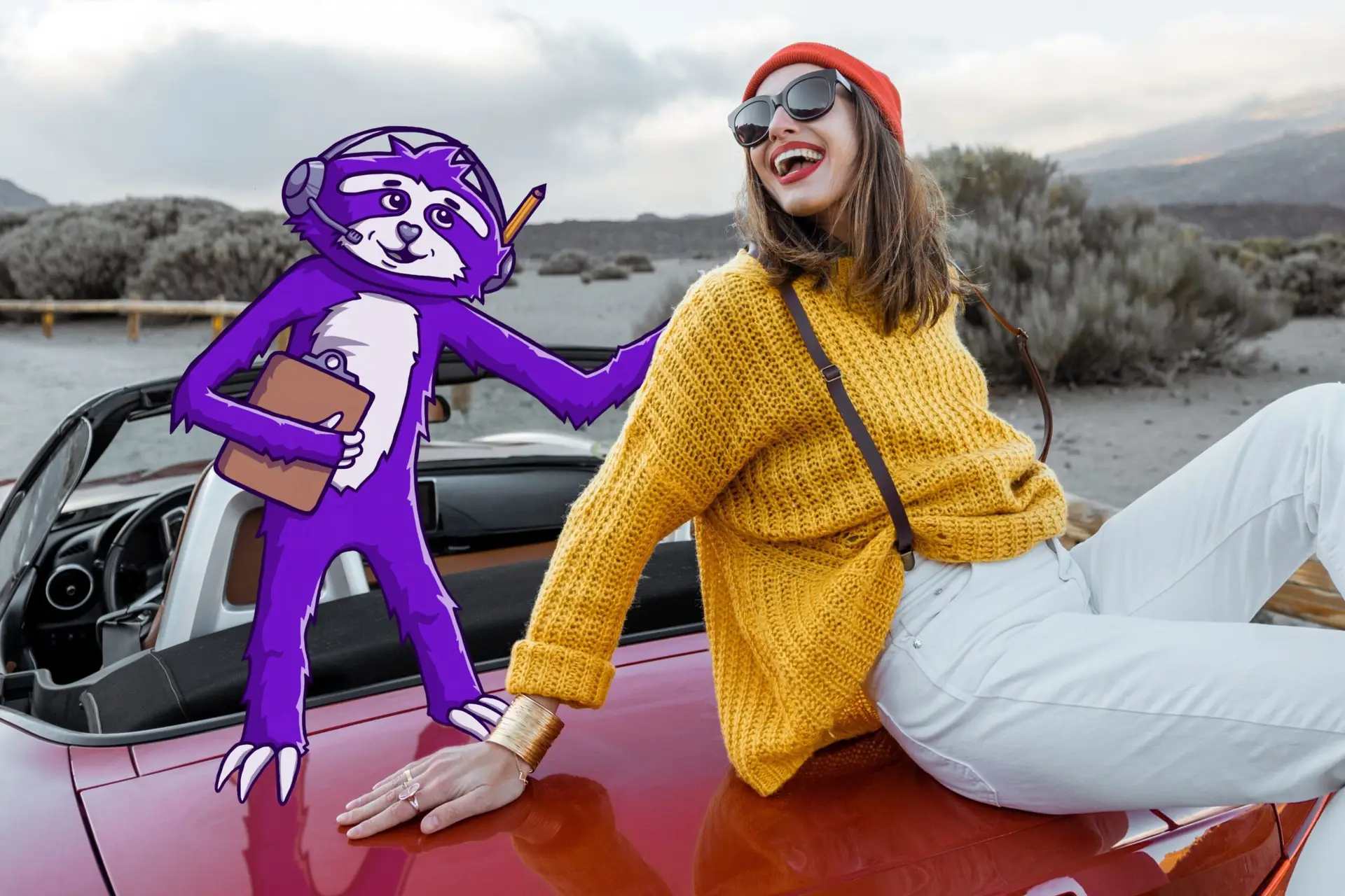 Woman standing by her car with Sam the Solutions Sloth for Lease Solutions lease buyout financing