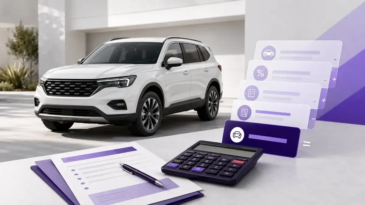 White SUV with a calculator and documents used to calculate a lease buyout price