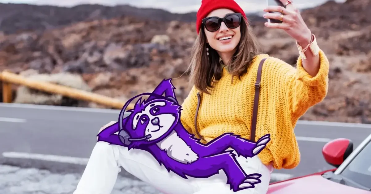 Hero image featuring a woman sitting on the hood of her car with Sam the Solutions Sloth, both smiling and taking a selfie.